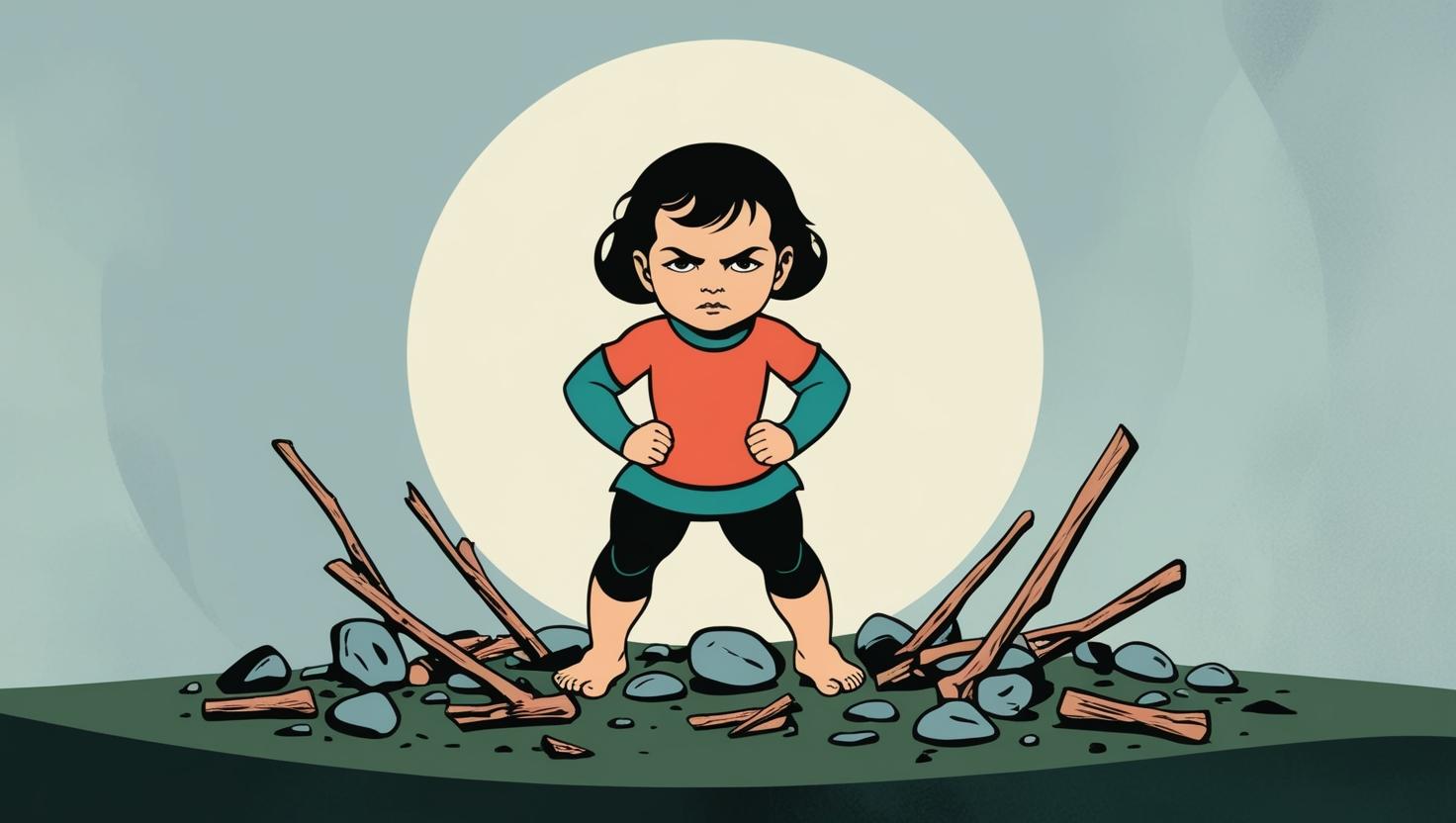 a cartoon child with arms on hips stood defiantly amongst a debris of sticks and stones